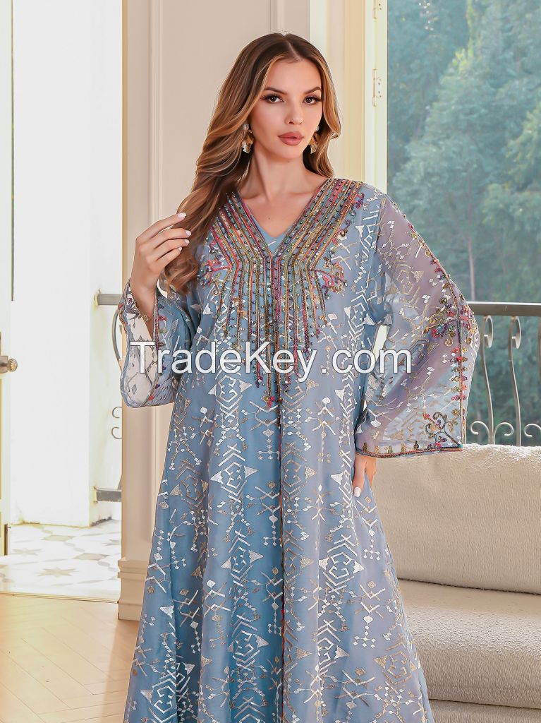 Muslim Women's Dress Middle Eastern Abaya Dubai Arabic Embroidery Long Robe SMT131