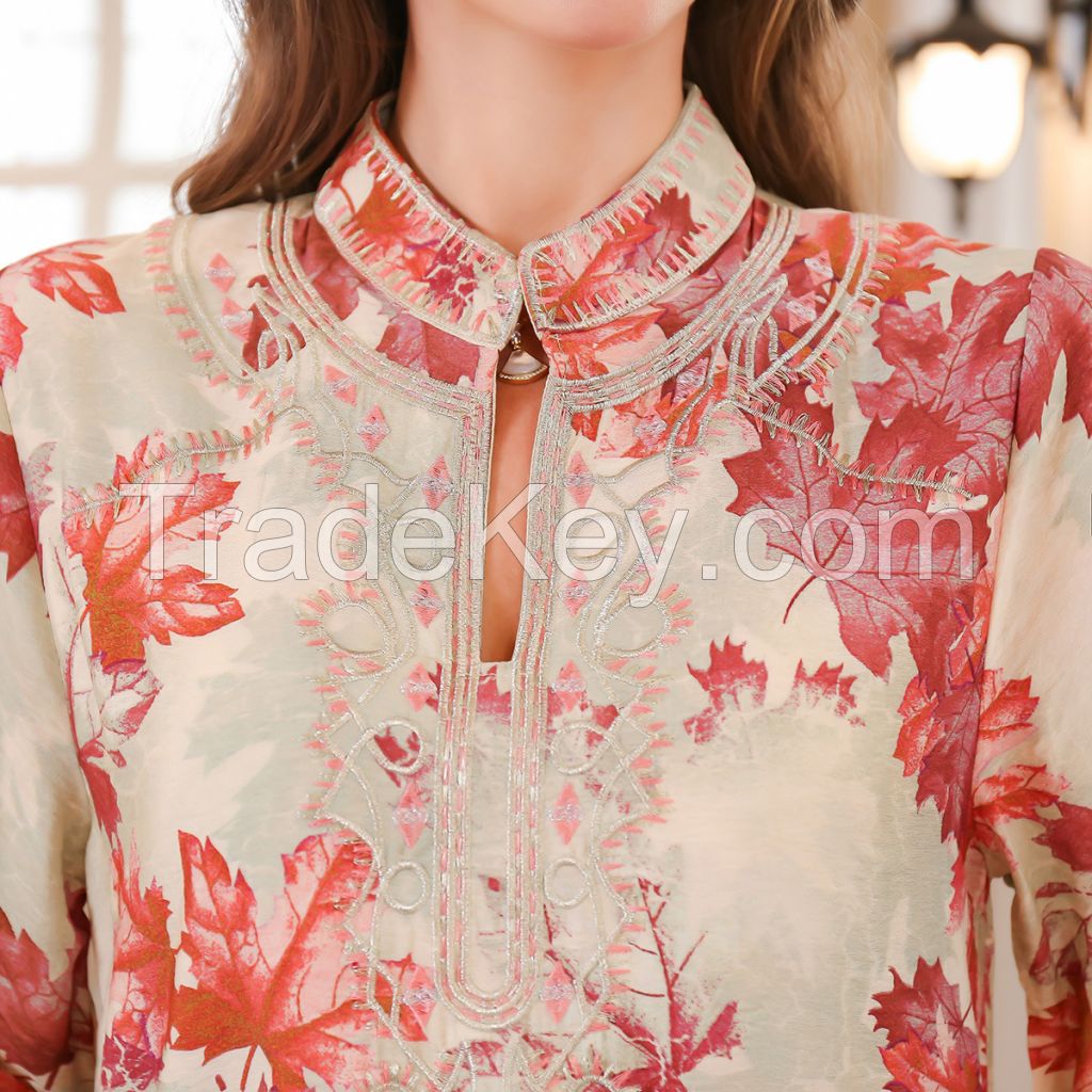 Muslim Abaya Summer Dress Long Flowy Robe Dubai Kaftan with Print SMT020