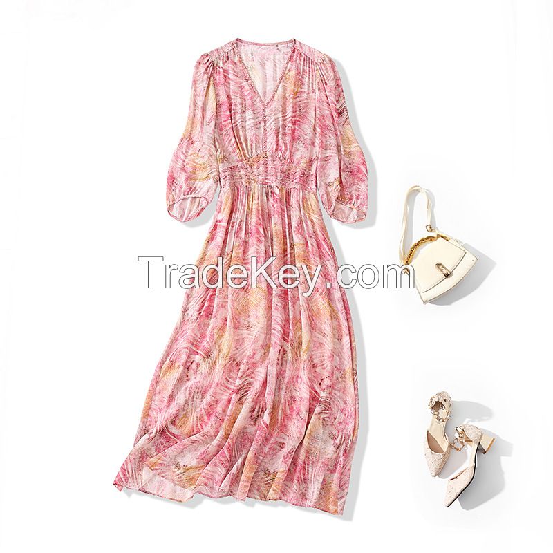 Summer New Women's Beaded Printed Silk Midi Dress Ã¢ï¿½ï¿½ Flowy & Youthful Floral Silk Dress 80035 