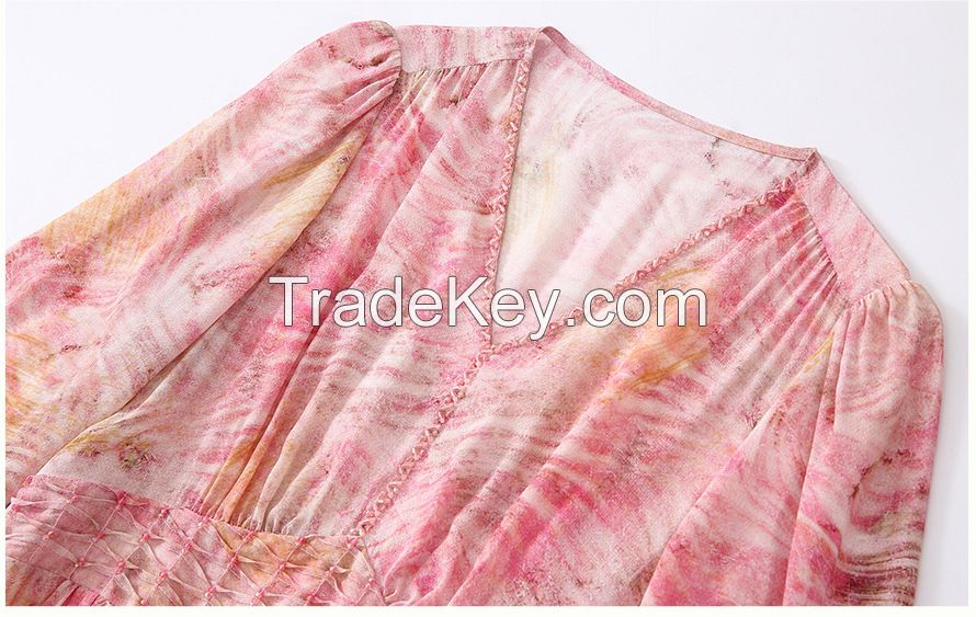 Summer New Women's Beaded Printed Silk Midi Dress Ã¢ï¿½ï¿½ Flowy & Youthful Floral Silk Dress 80035 