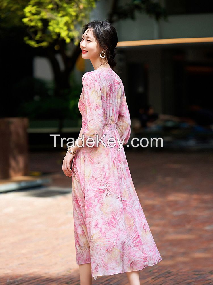 Summer New Women's Beaded Printed Silk Midi Dress Ã¢ï¿½ï¿½ Flowy & Youthful Floral Silk Dress 80035 