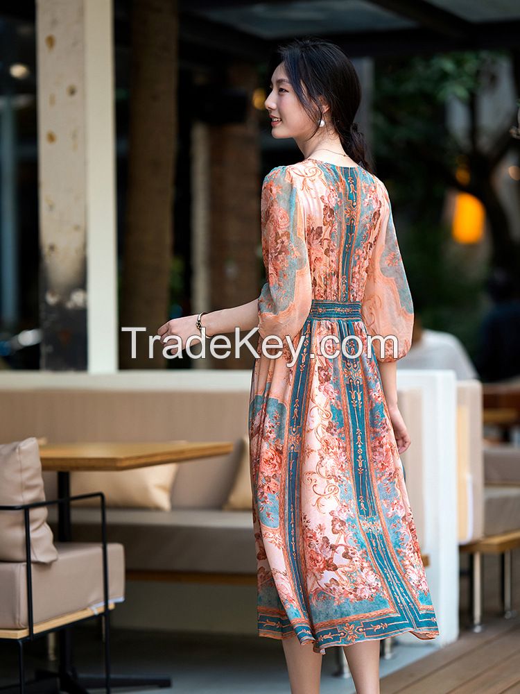  French V-Neck Slimming Face "Vintage Palace Glam" Heavy Embroidered Crystal Dress Ã¢ï¿½ï¿½ Mid-Length Elegant Style  80127