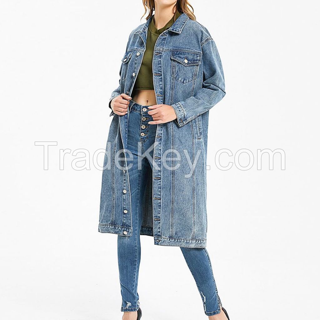 Custom Fashion Lapel Distressed Long-Sleeve Denim Duster Coat WMFS6007
