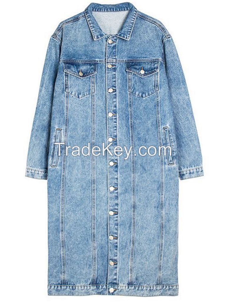 Custom Fashion Lapel Distressed Long-Sleeve Denim Duster Coat WMFS6007
