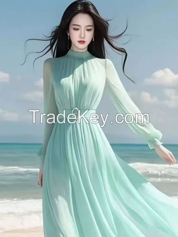 New Dopamine Green Dress  French Style Waist-Defining Summer Beach Dress