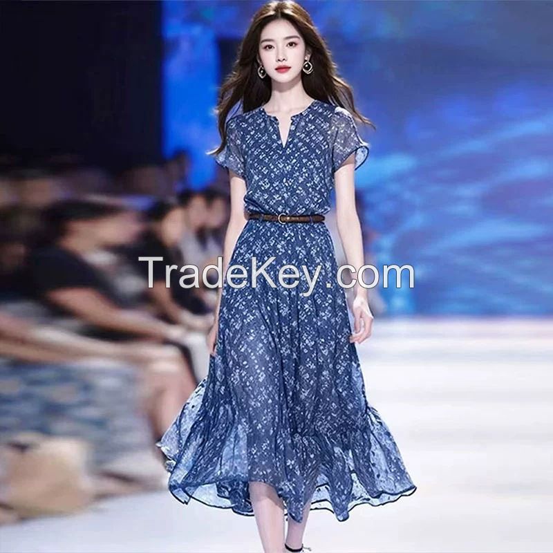 Elegant French Blue Floral Maxi Dress - 2025 Summer New