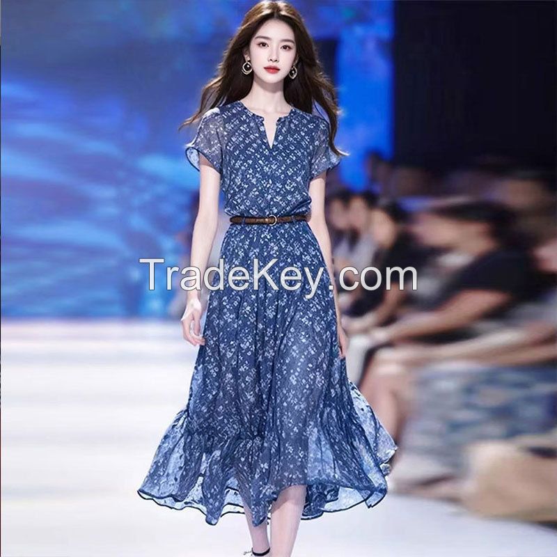 Elegant French Blue Floral Maxi Dress - 2025 Summer New