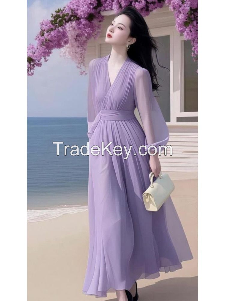 Elegant French Purple Waist-Tie Maxi Dress Ã¢ï¿½ï¿½ Spring Summer Beach Resort