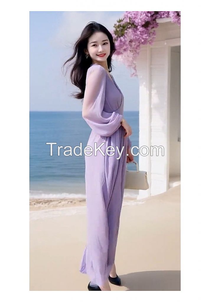 Elegant French Purple Waist-Tie Maxi Dress Ã¢ï¿½ï¿½ Spring Summer Beach Resort