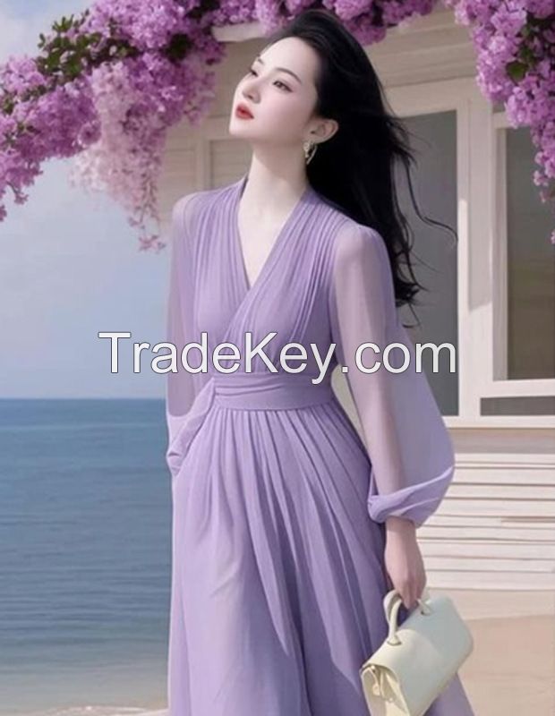 Elegant French Purple Waist-Tie Maxi Dress Ã¢ï¿½ï¿½ Spring Summer Beach Resort