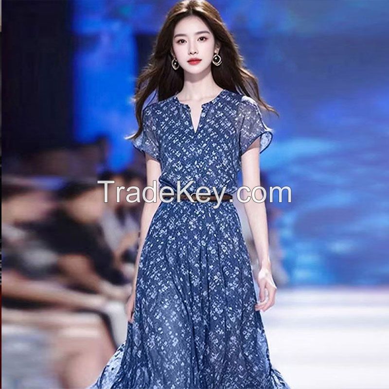 Elegant French Blue Floral Maxi Dress - 2025 Summer New