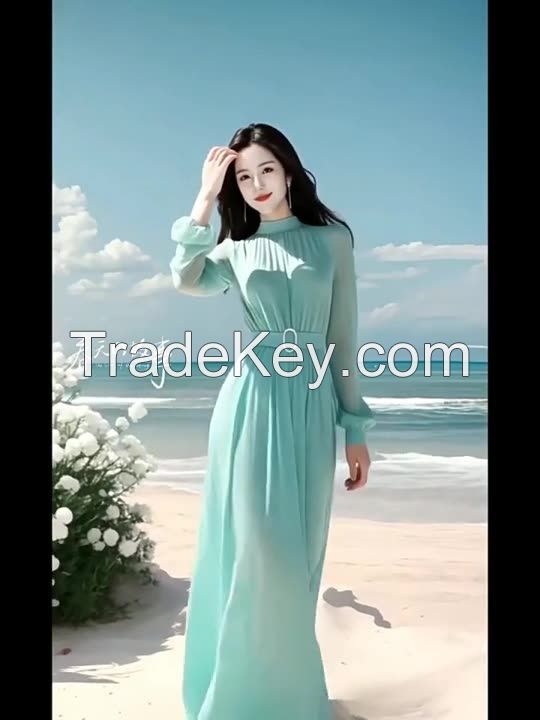 New Dopamine Green Dress  French Style Waist-Defining Summer Beach Dress