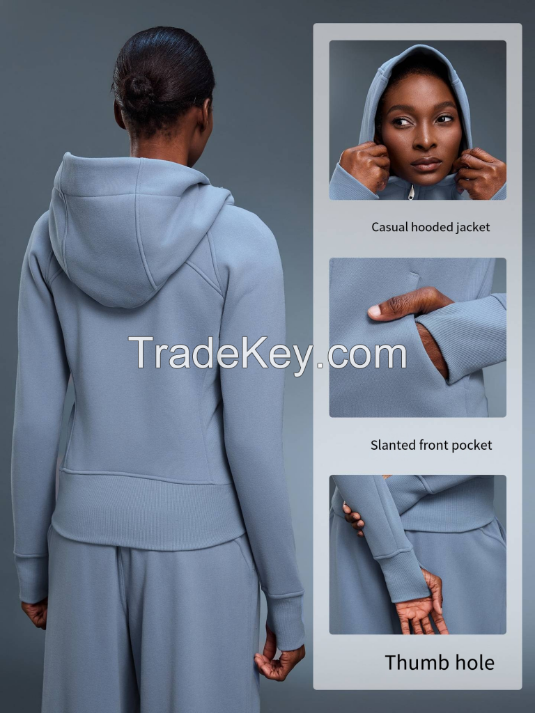 Women's Fleece-Fitted Zip-Up Hoodie - Slim Fit Yoga Jacket D25132