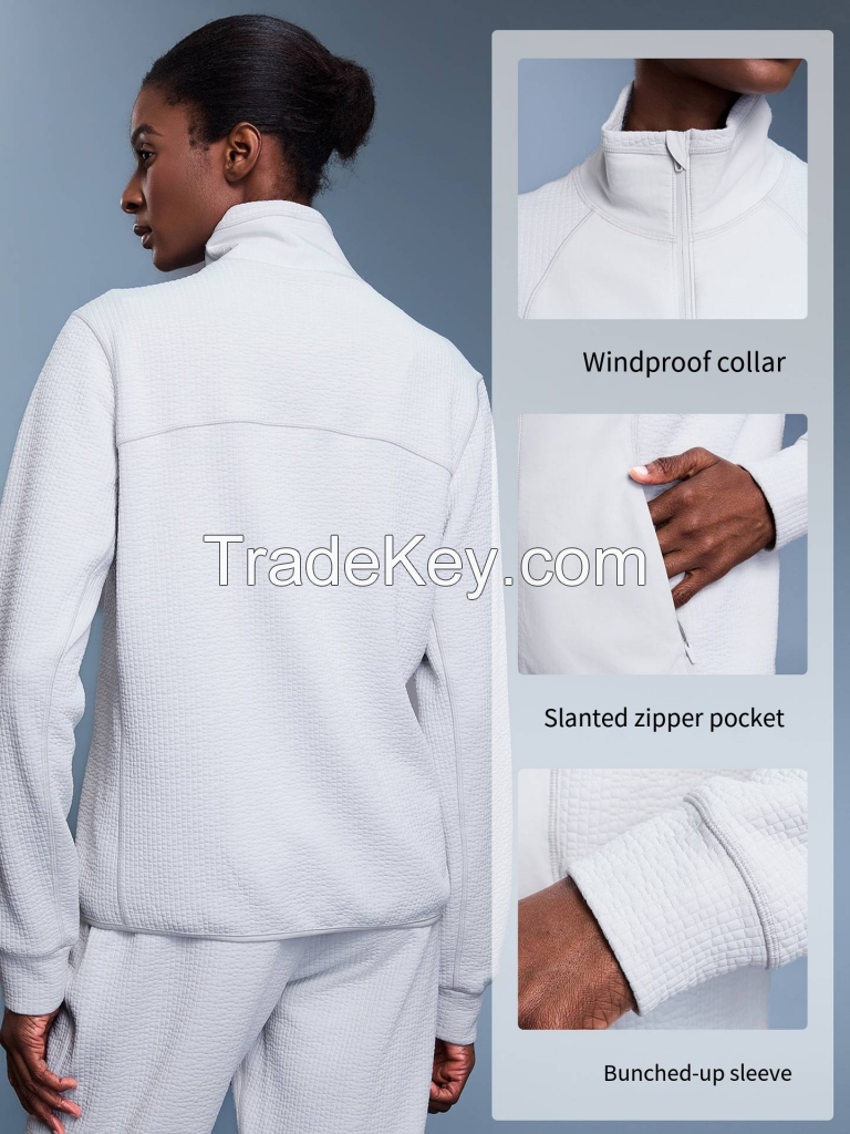 Women's Waffle-Knit Stand-Collar Jacket - Color Block Sport Cardigan D25164