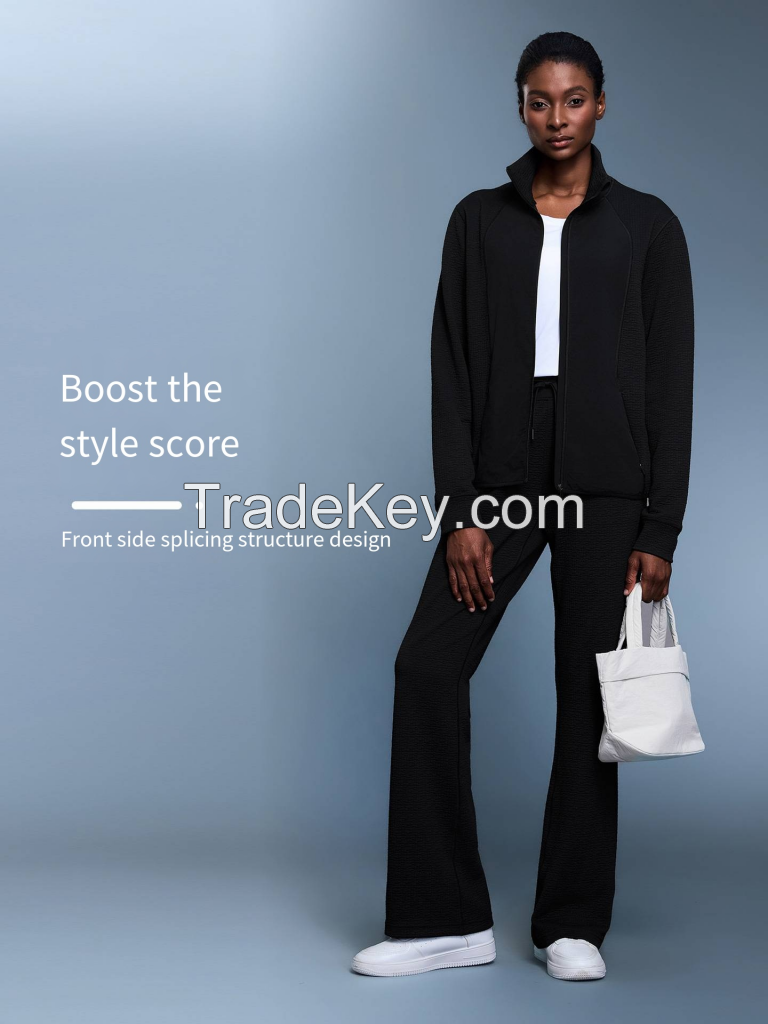 Women's Waffle-Knit Stand-Collar Jacket - Color Block Sport Cardigan D25164