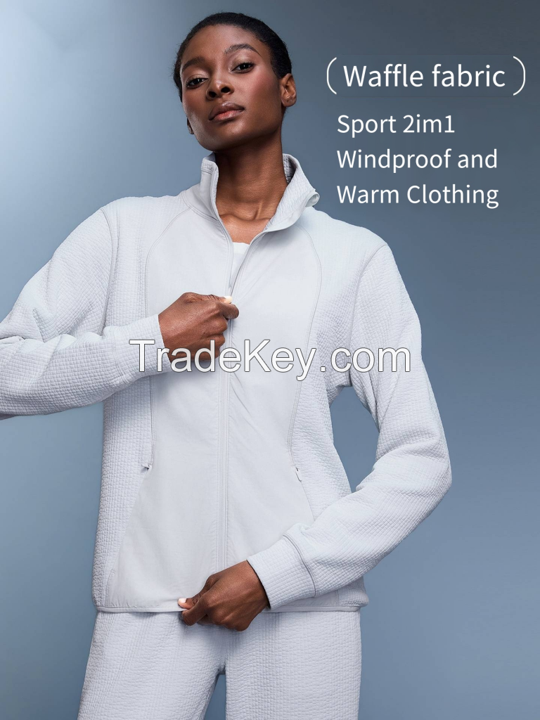 Women's Waffle-Knit Stand-Collar Jacket - Color Block Sport Cardigan D25164