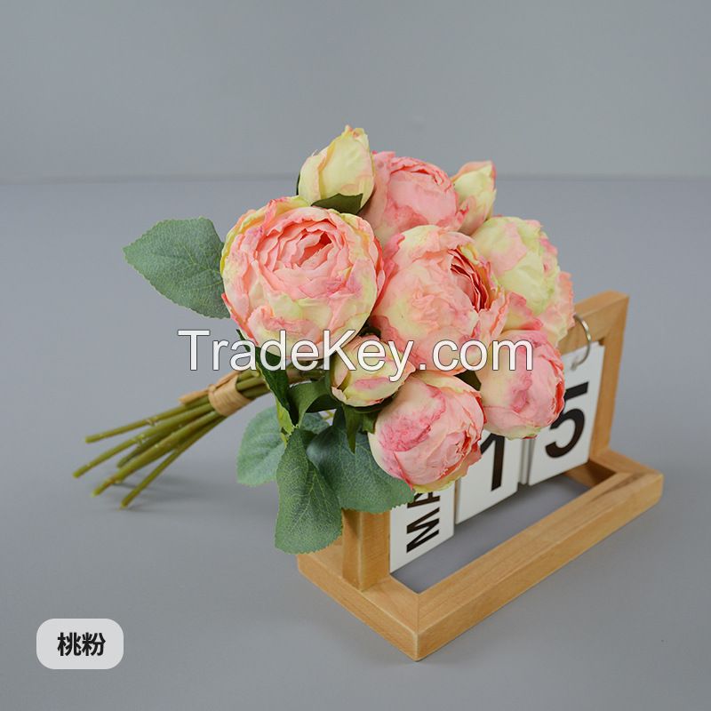 Luxury Fake Rose Arrangement - 9-Stem Silk Tea Roses Bouquet for Dining Table Decor