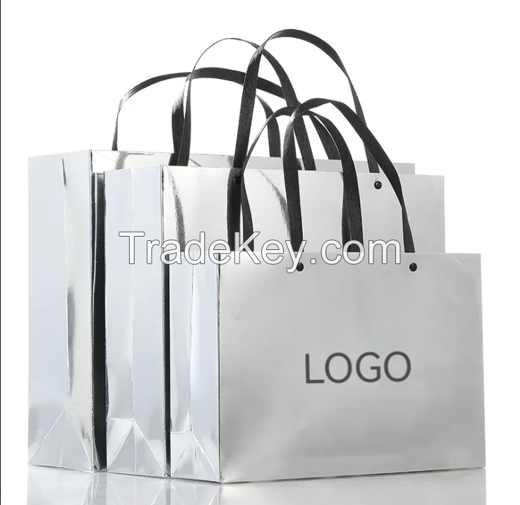 Luxury Brand Custom Logo Handmade Silver Reflective Shopping Bags Certified Clothing Boutique Packaging Shoes Gifts Paper