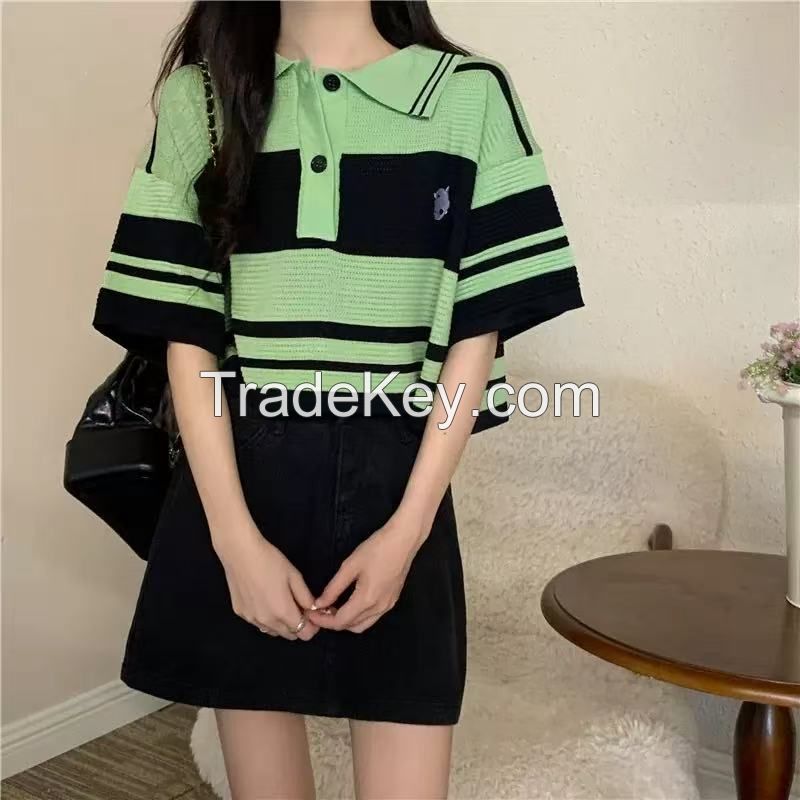 Polo collar knitwear T-shirt women's summer design sense niche striped shoulder loose slim short chic top