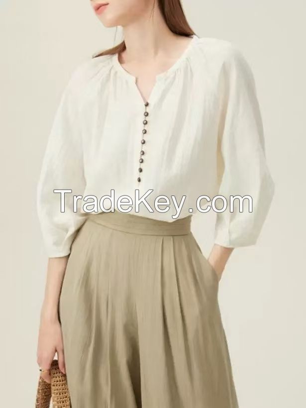 Women's French Linen Shirt â�� Summer Short Sleeve Relaxed Blouse, Boho Office Wear Loose Fit Top