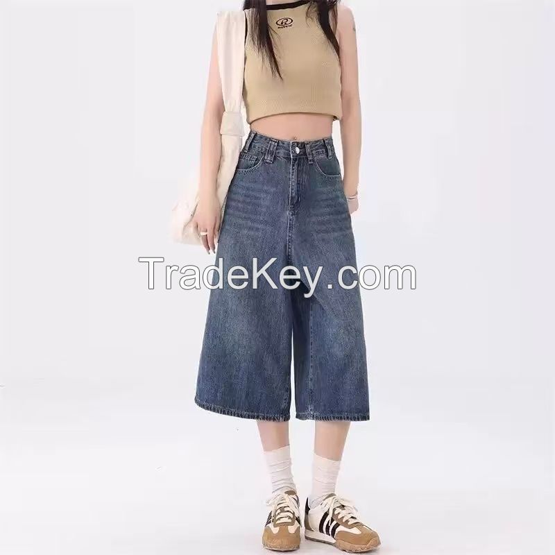 American Retro Capri Jeans for Women Summer New Arrival Distressed Washed High-Waisted Relaxed Straight-Leg Wide-Crop Pants