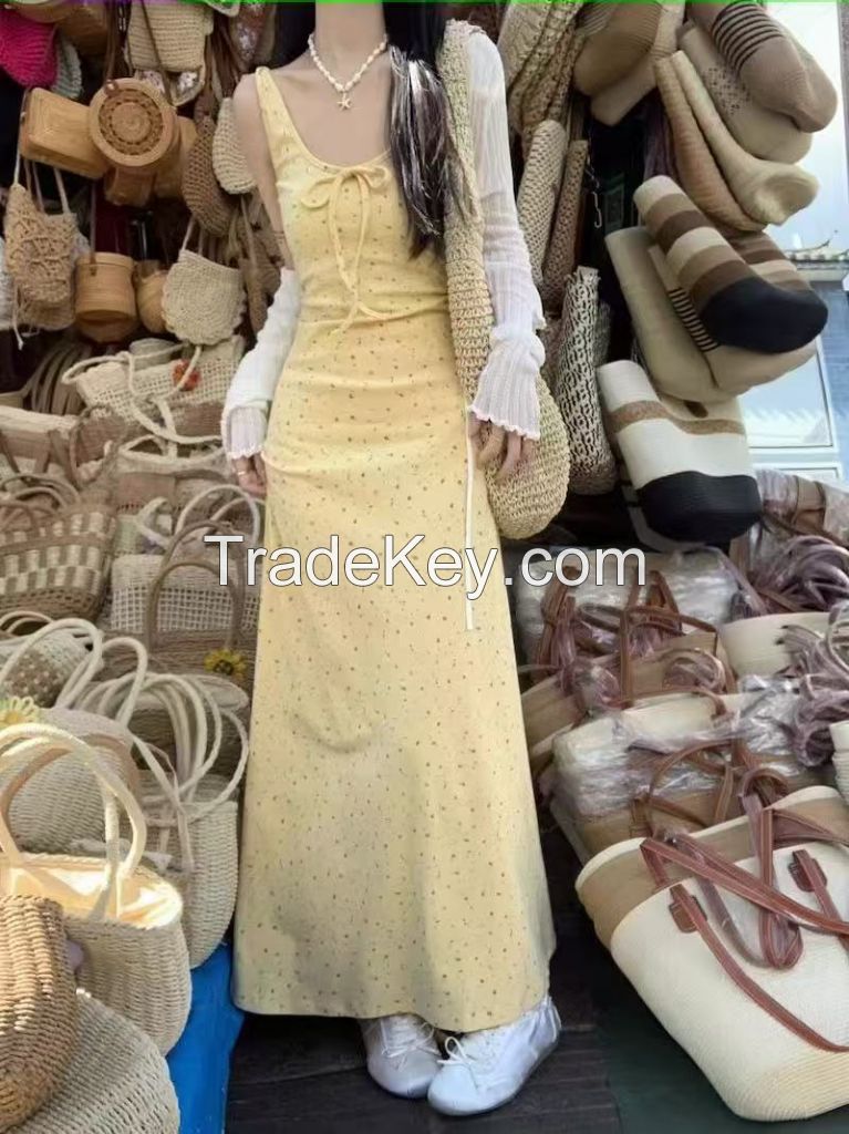 Yellow Floral Spaghetti Strap Dress - Women's Summer Sleeveless Sundress, French Sweet Style with Waist Definition ; A-Line Silhouette