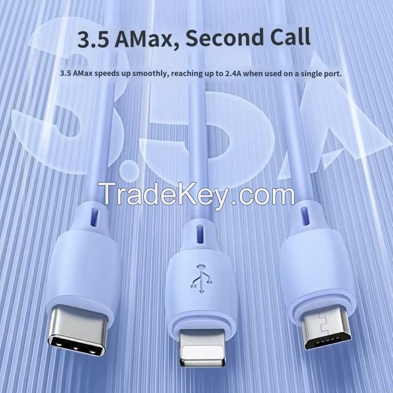 Liquid soft rubber three-in-one phone charging cable with one-to-three fast charging data compatible with both Apple and Android