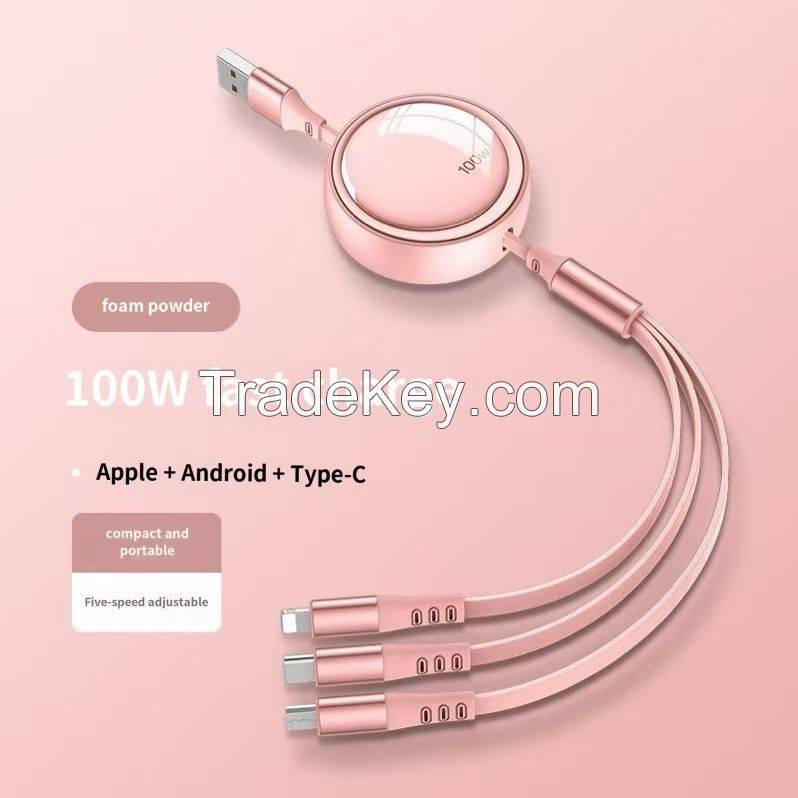 Three-in-one data cable with customizable logo, one-to-three telescopic charging cable for fast charging