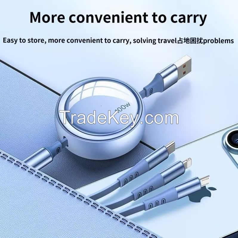 Three-in-one data cable with customizable logo, one-to-three telescopic charging cable for fast charging