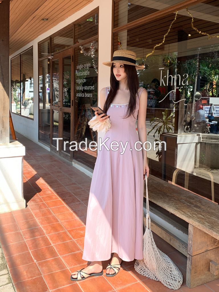 Spring and Summer New Style French Retro Round-neck Elegant Beaded Strapless Dress