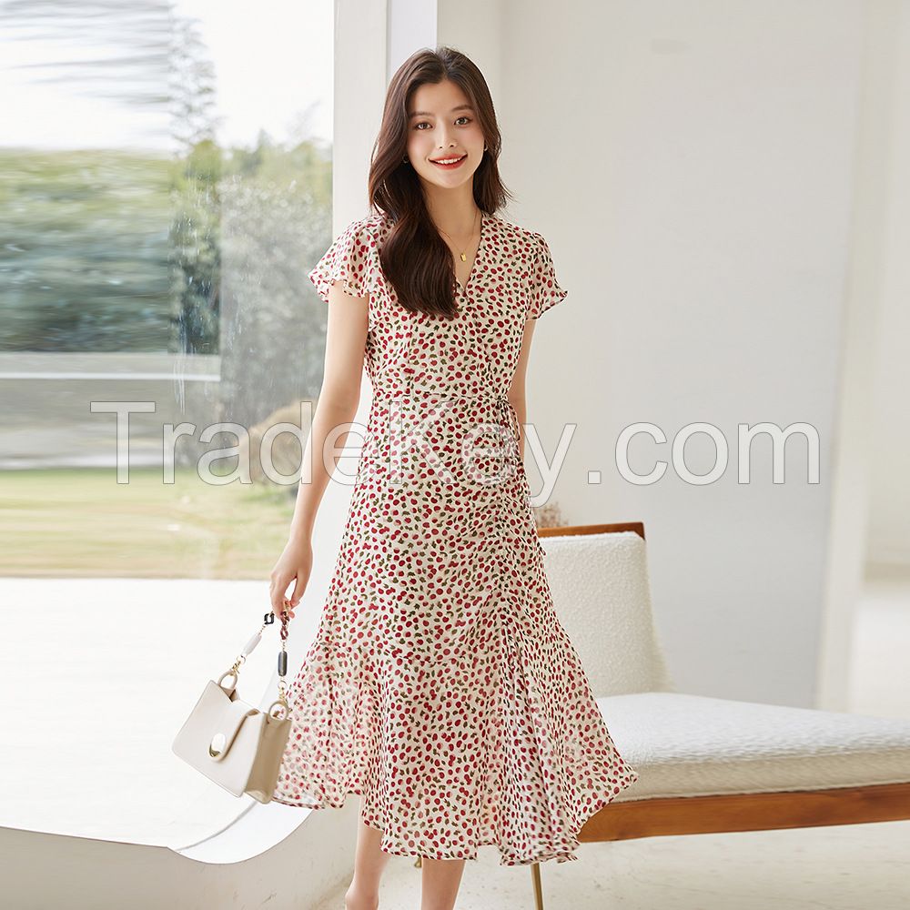 Summer new style French-style fresh pleated fish-tail floral V-neck slimming mid-length midi dress with pleats