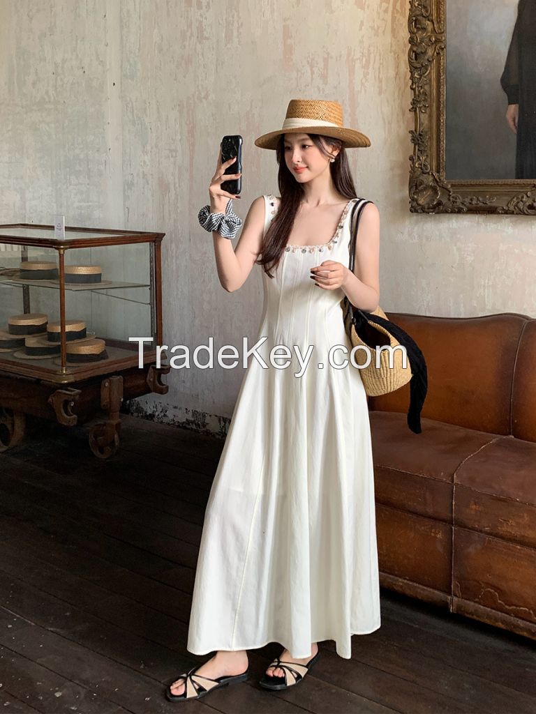 Spring and Summer New Style French Retro Round-neck Elegant Beaded Strapless Dress