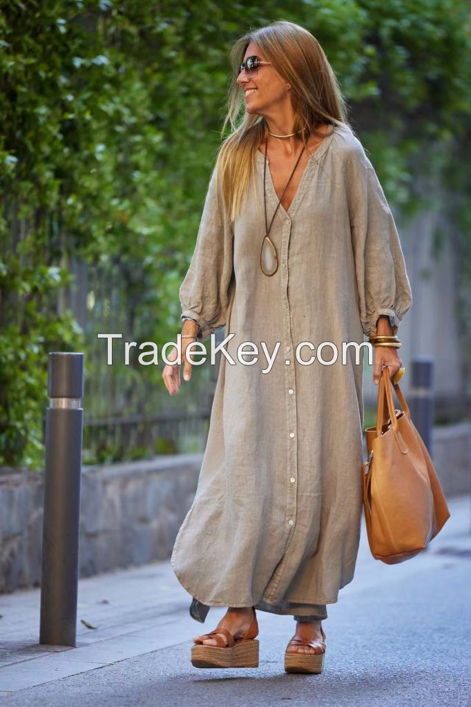 Spring and Summer Cotton and Hemp Shirt, Fashion Casual Long Sleeve Blouse, Dress for Women