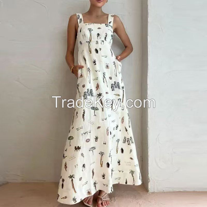 New style women's dress with sleeveless, drawstring, halter-neck and sexy printed wide-flared casual dress with elegant style