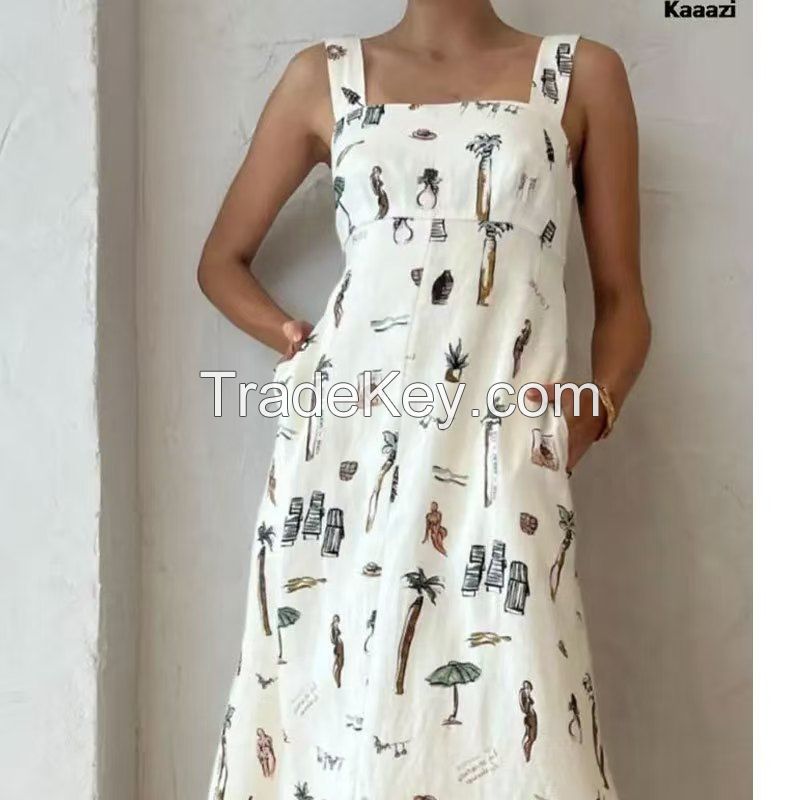 New style women's dress with sleeveless, drawstring, halter-neck and sexy printed wide-flared casual dress with elegant style