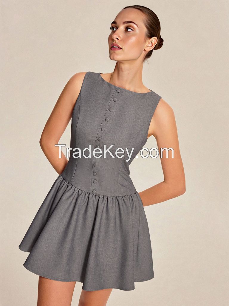 Summer 2025 new style women's sleeveless casual button-down A-line skirt with ruffled edge and elegant mini dress