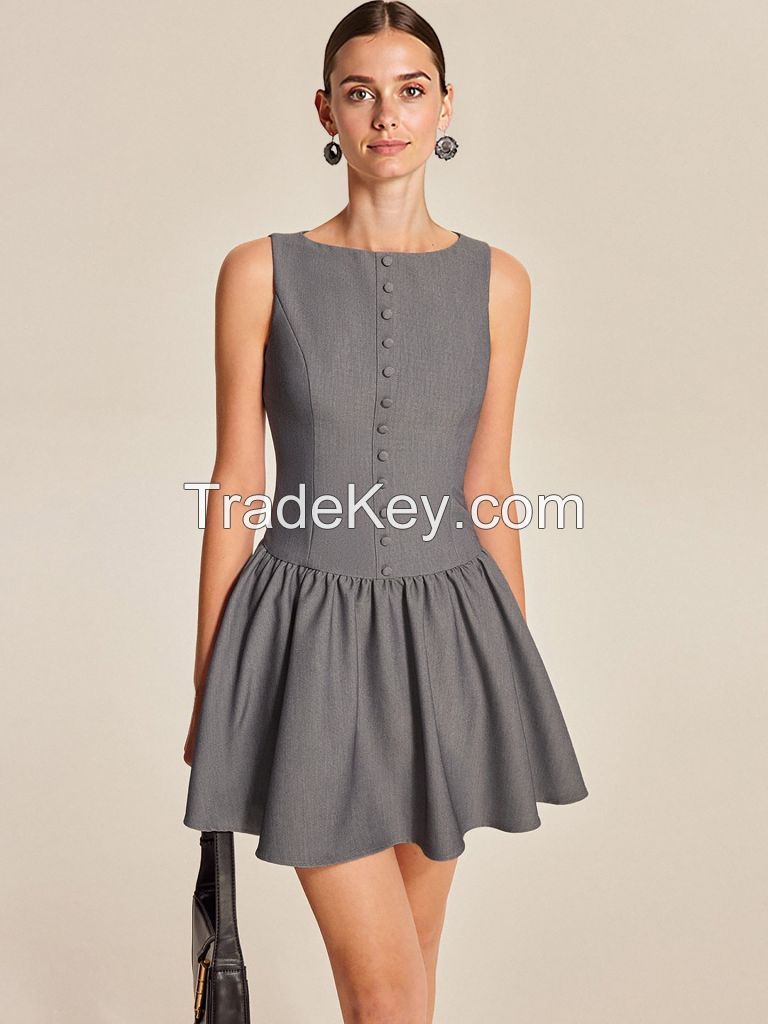 Summer 2025 new style women's sleeveless casual button-down A-line skirt with ruffled edge and elegant mini dress