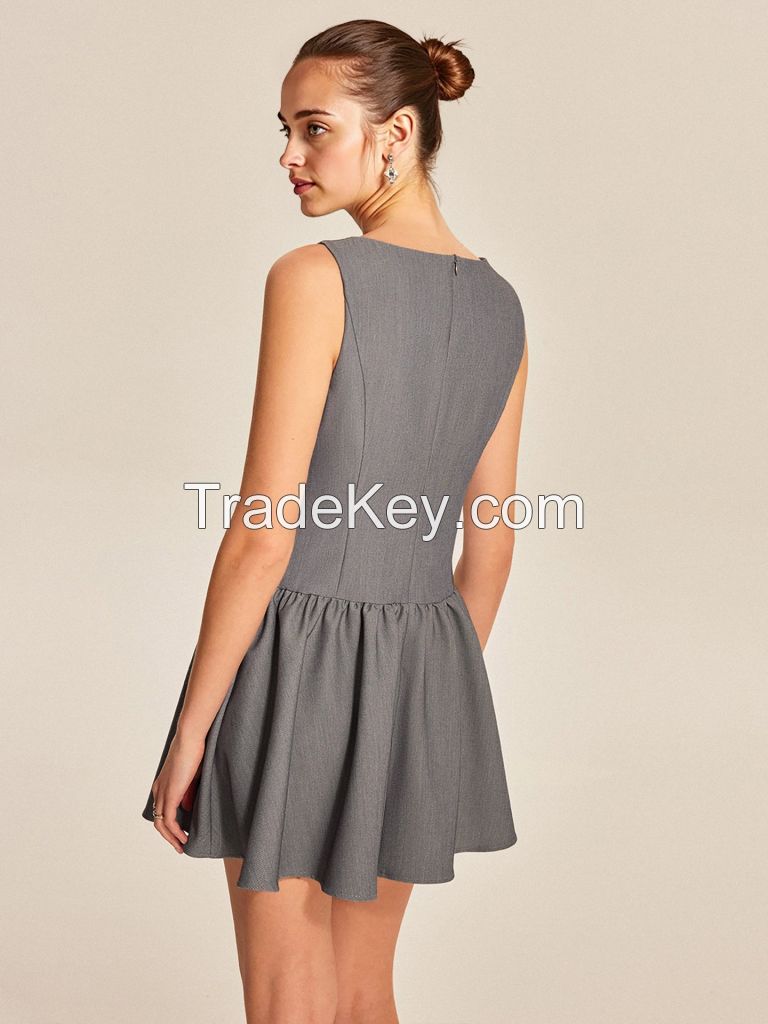 Summer 2025 new style women's sleeveless casual button-down A-line skirt with ruffled edge and elegant mini dress