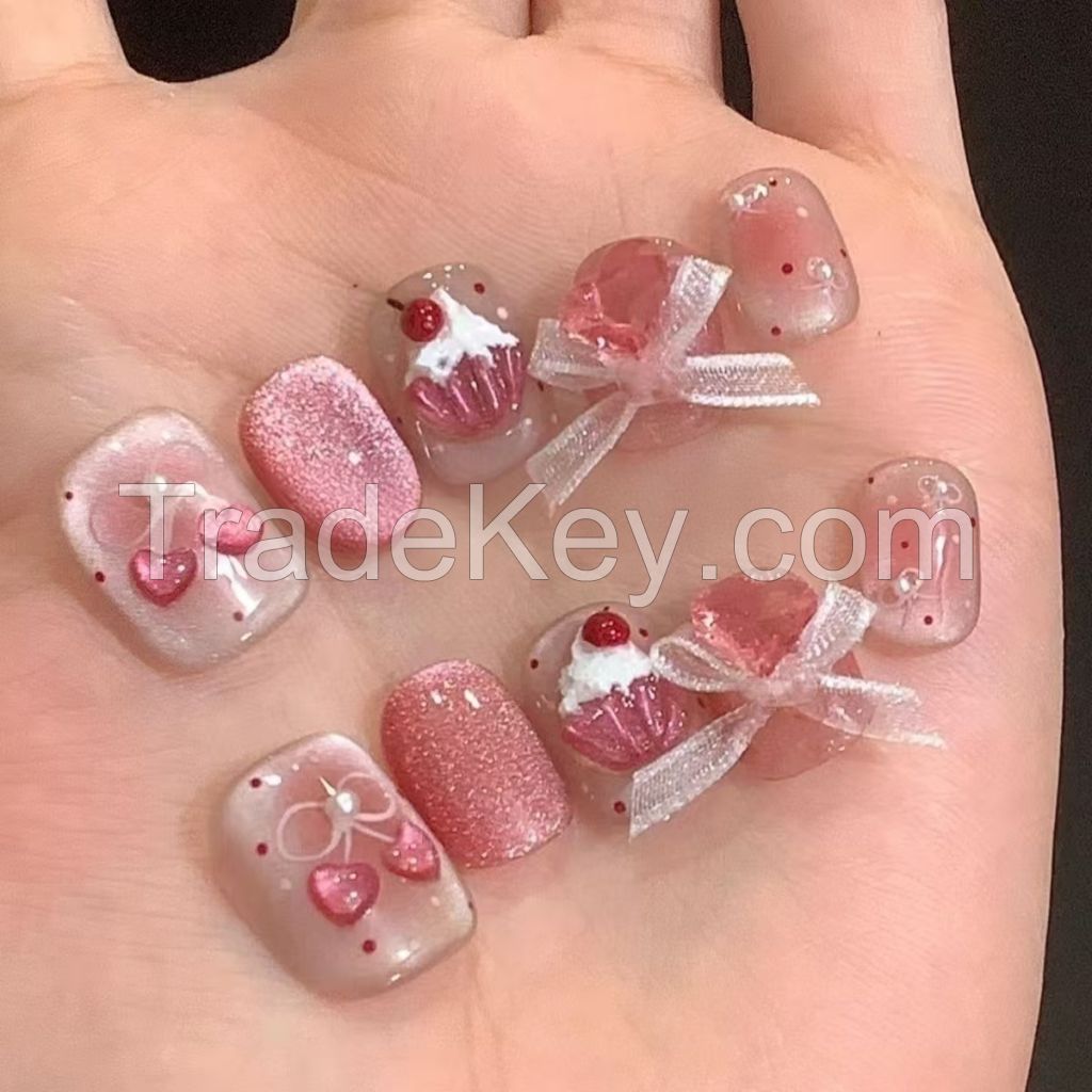 Sweet and cute short-style nail sticker for girls, hand-painted with cherry butterfly and cat-eye effect. Made of high-quality materials, it can be easily removed. Suitable for all kinds of nail styles. Comes with a set of stickers.