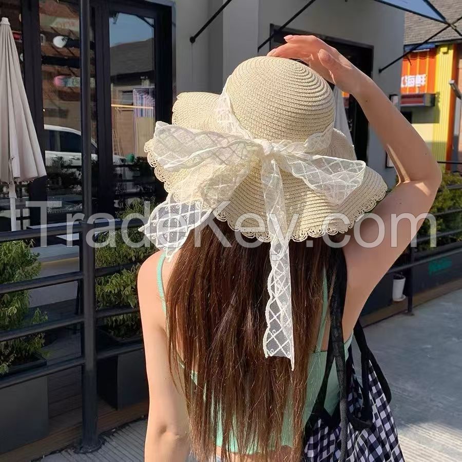 French wavy lace bow straw hat female summer hat sun hat holiday wind beach beach visor.