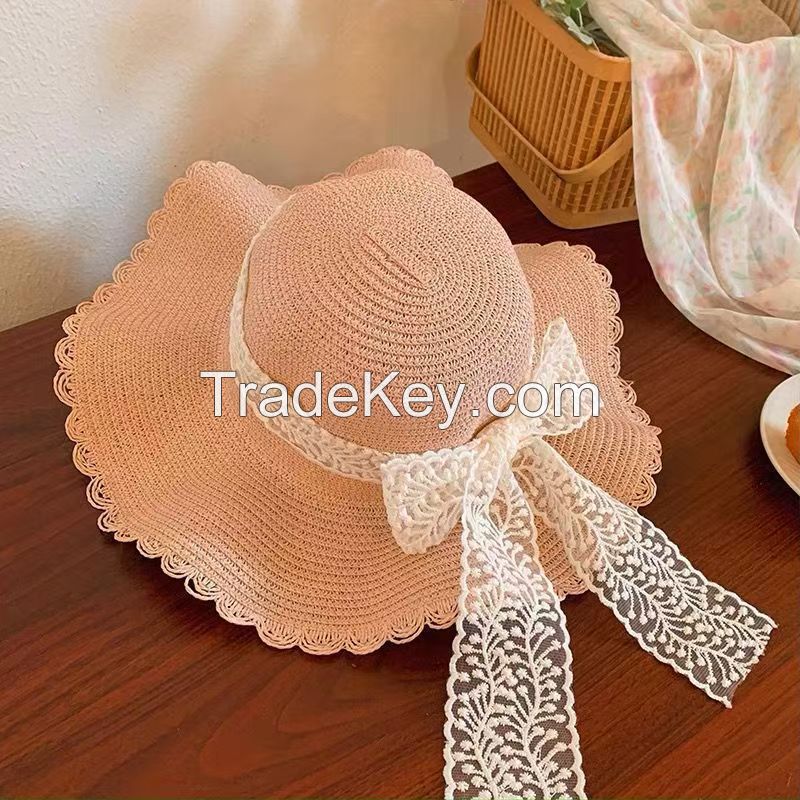French wavy lace bow straw hat female summer hat sun hat holiday wind beach beach visor.