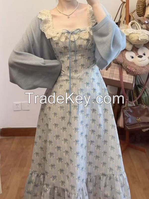 Fat mm western style age-reducing floral vest skirt plus size suit female summer strap waist lace long skirt with sunscreen cardigan.