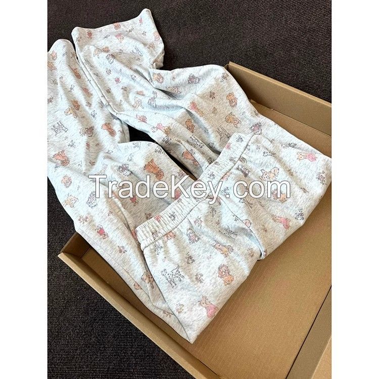 Fat mm plus size 300 kg cute puppy print casual pants women's spring and summer thin loose lazy wide-leg pants