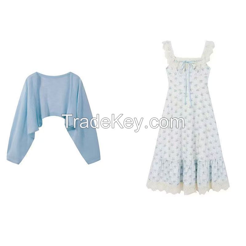 Fat mm western style age-reducing floral vest skirt plus size suit female summer strap waist lace long skirt with sunscreen cardigan.