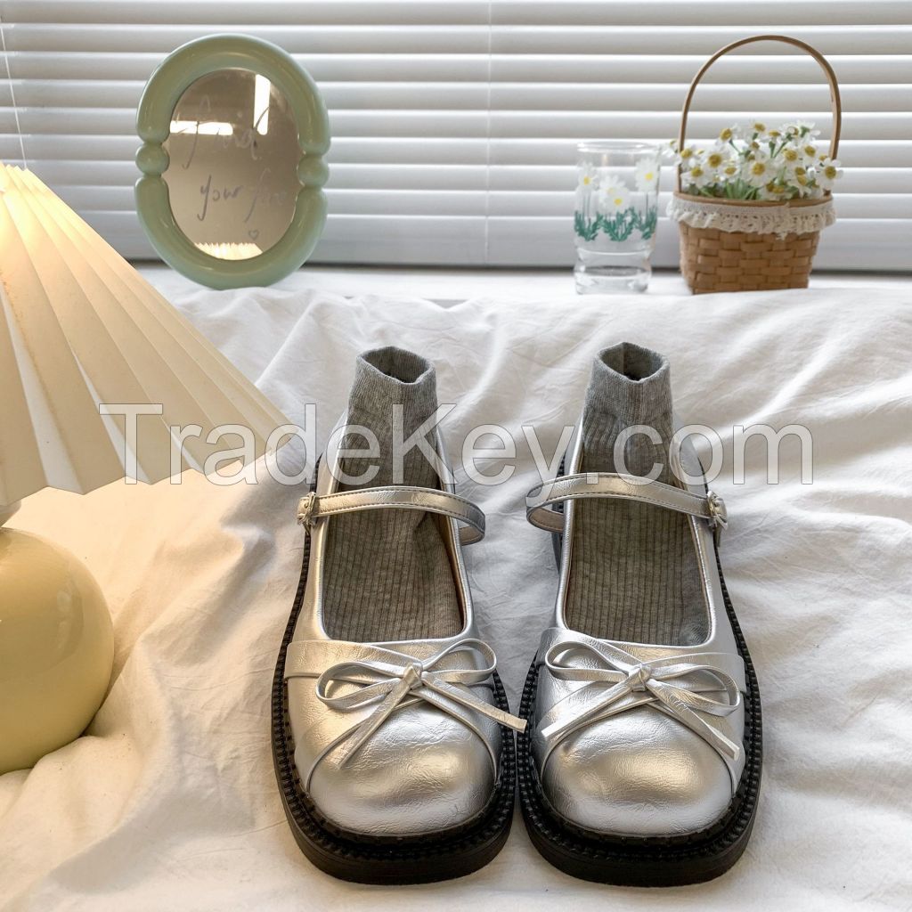 Silver French shallow bow Mary shoes spring and summer 2025 new platform skirt jk leather shoes