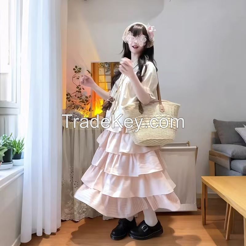 French retro lotus leaf collar short-sleeved dress female summer little sweet pleated bitter fleabane cake long skirt