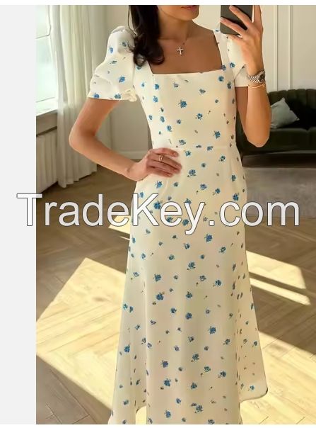 Elegant and elegant dress casual short puff print A-line skirt new dress