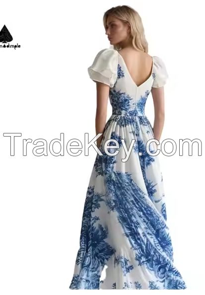 Green dimple V-neck printed dress short sleeve belt floral dress