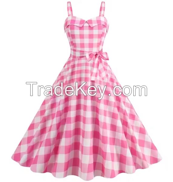 New women's retro summer dress with satin ribbon, square collar, polka dot printed suspender