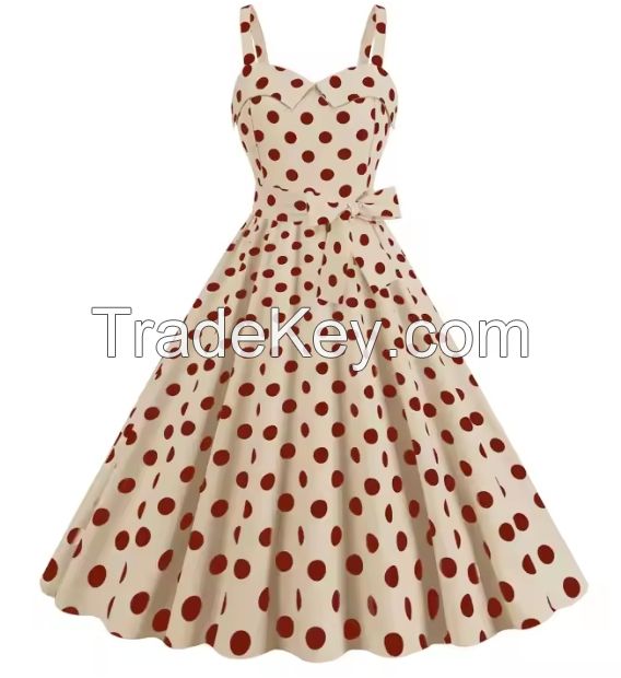 New women's retro summer dress with satin ribbon, square collar, polka dot printed suspender